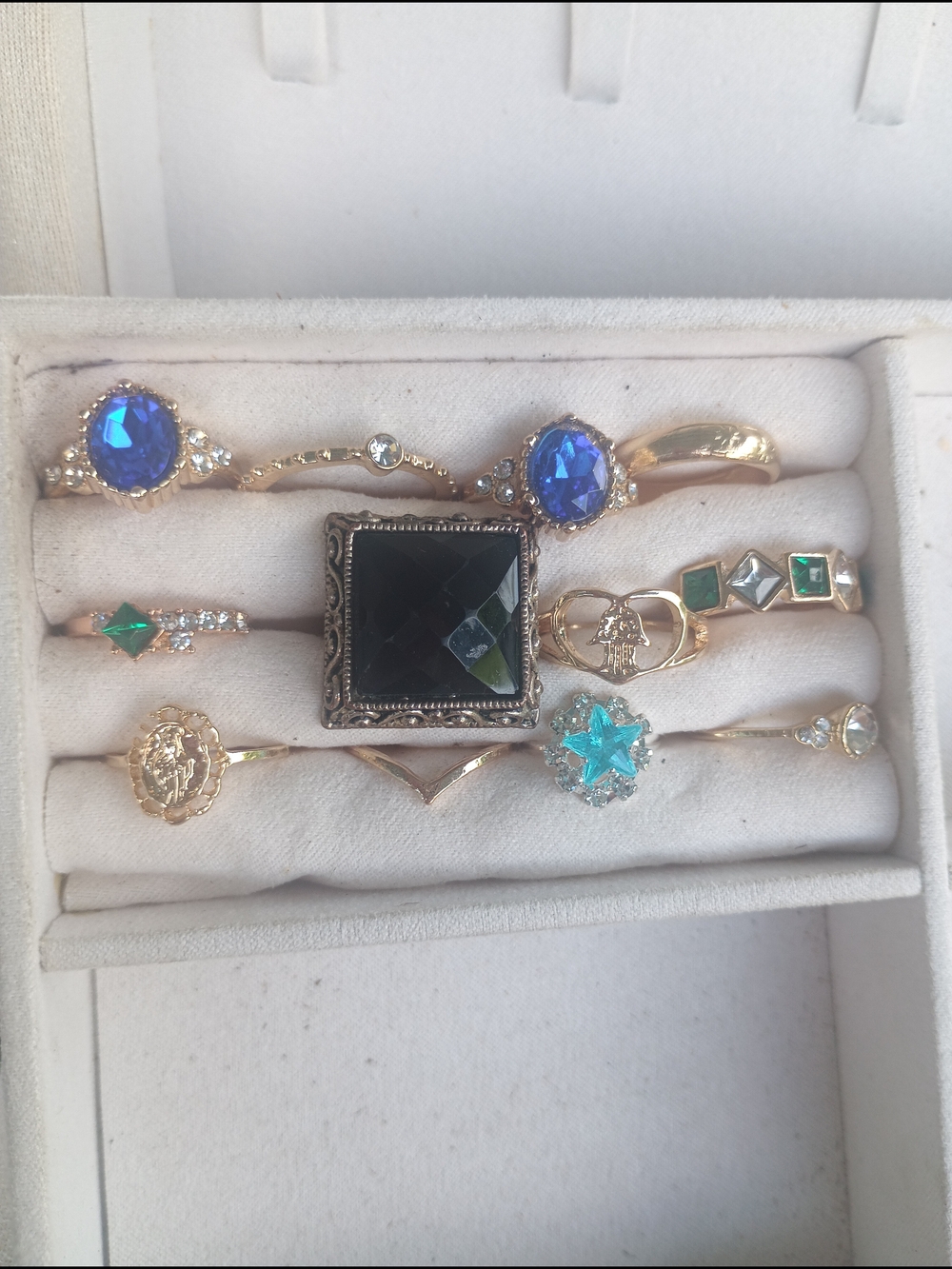 Gold Stackable Women's Ring Set with Blue and Black Gem Accents